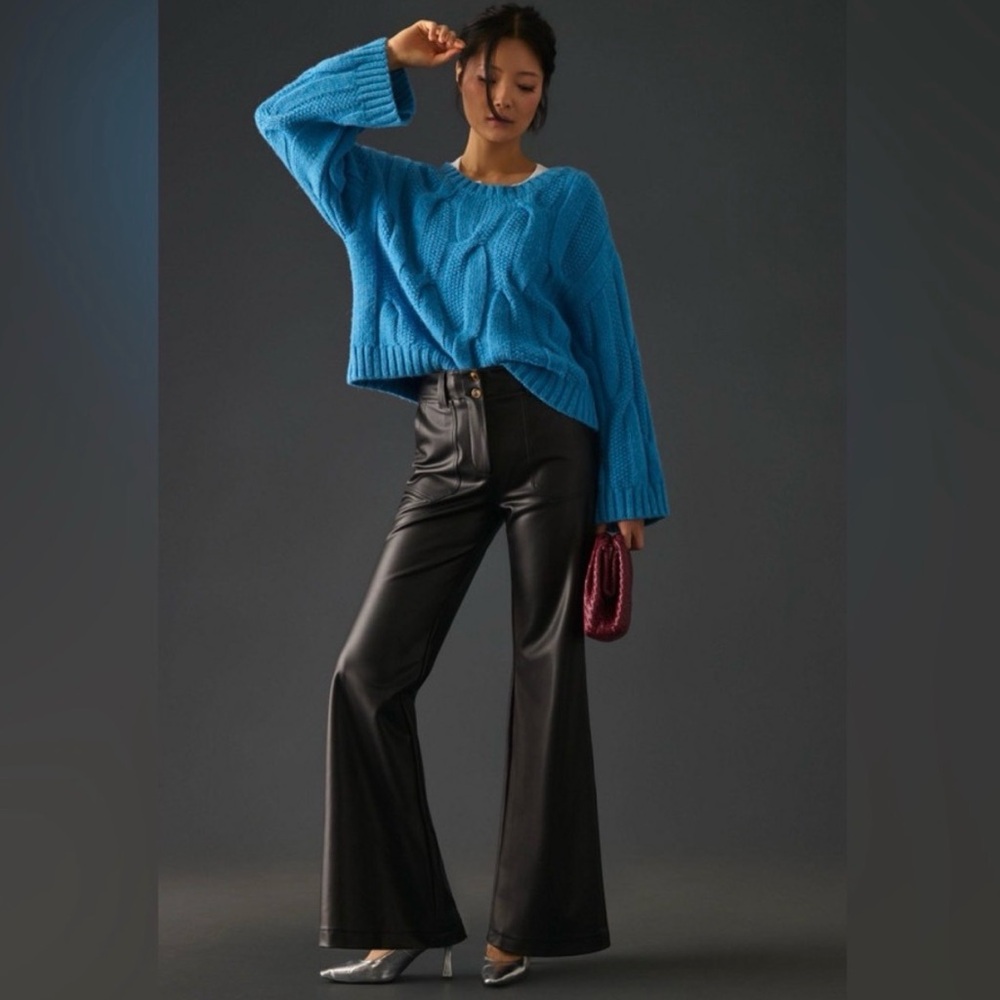 Maeve by Anthropologie Black Naomi Faux Leather Wide Leg Flare Pants Sz 12